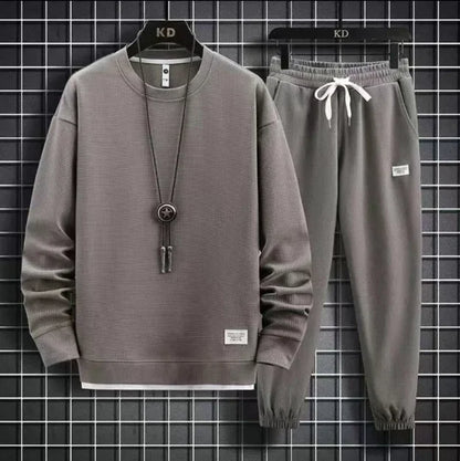 Autumn Winter New Solid Color Casual Hong Kong Style Loose-Fit Long Sleeve Top Sports Suit Round Neck Sweatshirt Men's Set