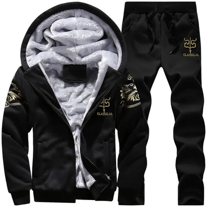 2023 New Winter Thick Men Sports Suit Tracksuit Hooded Sportswear Zipper Cardigan Hooded Woolen Trousers Pants Casual Men Set