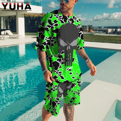 YUHA,Summer Men's Clothing T Shirt Sets 3D Terrible Skeleton Print Casual Shorts Tracksuit Male 2 Piece Suit Newest Short Sleev