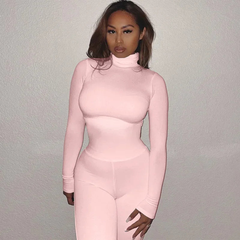 BWQ Casual Women Long Sleeve Turtleneck Long Sleeve Skinny Stretchy Jumpsuit 2024 Autumn Winter One Piece Suit INS Playsuit