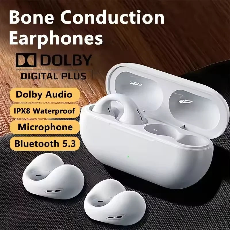 Microphone Sport Earphone Open Ear Bone Conduction Headphones Wireless Earbuds Bluetooth 5.3 Clip On EarBuds with HD Call