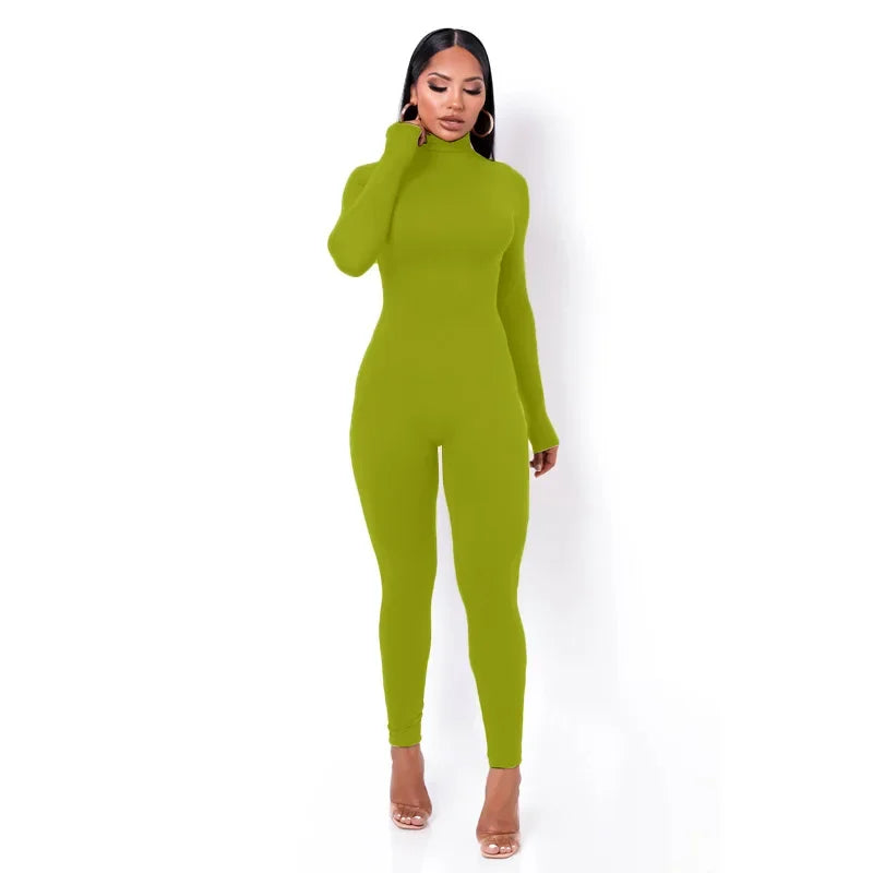 BWQ Casual Women Long Sleeve Turtleneck Long Sleeve Skinny Stretchy Jumpsuit 2024 Autumn Winter One Piece Suit INS Playsuit