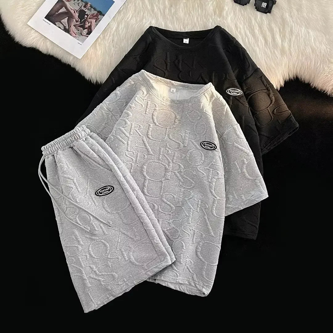 Men's Summer Loose-fit Walf Checks Short Sleeve T-shirt Casual Trendy Five-point Sports Leisure Pants Suit