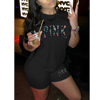 Short Sets Female 2024 Fashion O Neck Shrot Sleeve T Shirt Tee Cartoon Top and Short Pants 2 Piece Set Suit Shorts Sets Womens