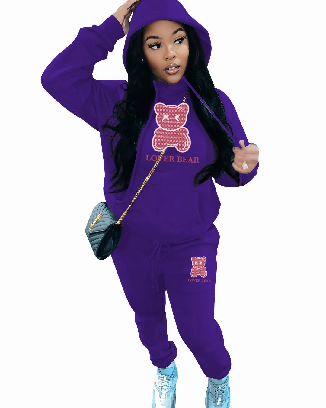2024 Women's Letter Print 2 Piece Outfits Teddy Bear Letter Print Kangaroo Pocket Tracksuit Set Long Sleeve Sweatshirt and Pants