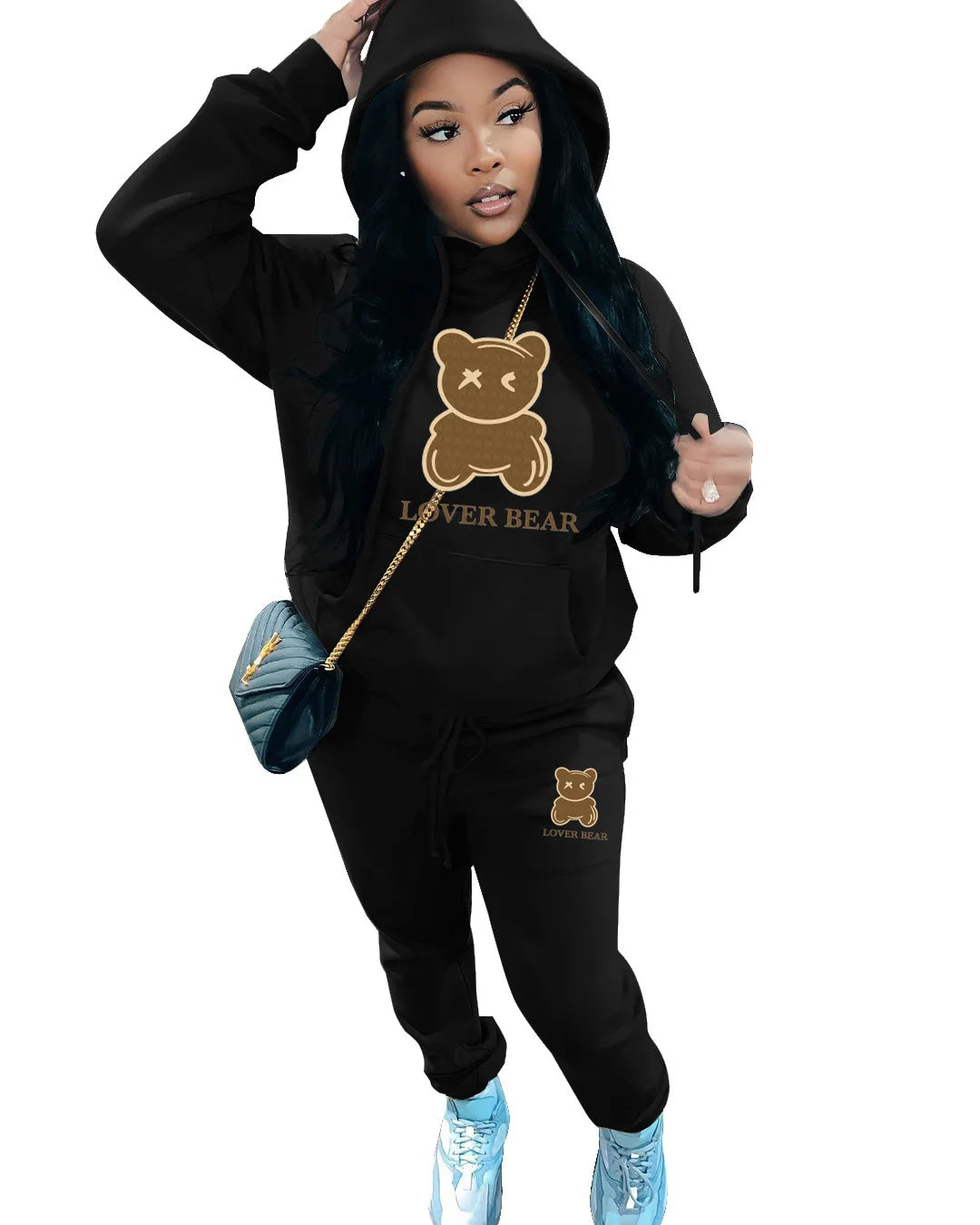 2024 Women's Letter Print 2 Piece Outfits Teddy Bear Letter Print Kangaroo Pocket Tracksuit Set Long Sleeve Sweatshirt and Pants