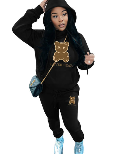 2024 Women's Letter Print 2 Piece Outfits Teddy Bear Letter Print Kangaroo Pocket Tracksuit Set Long Sleeve Sweatshirt and Pants