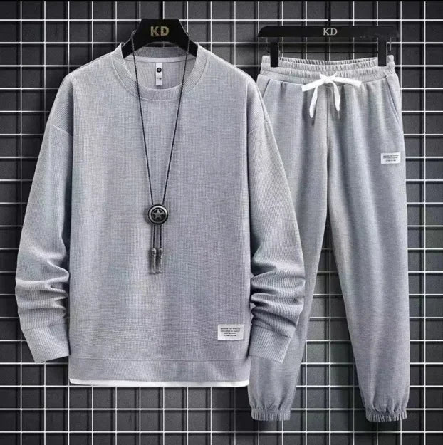 Autumn Winter New Solid Color Casual Hong Kong Style Loose-Fit Long Sleeve Top Sports Suit Round Neck Sweatshirt Men's Set