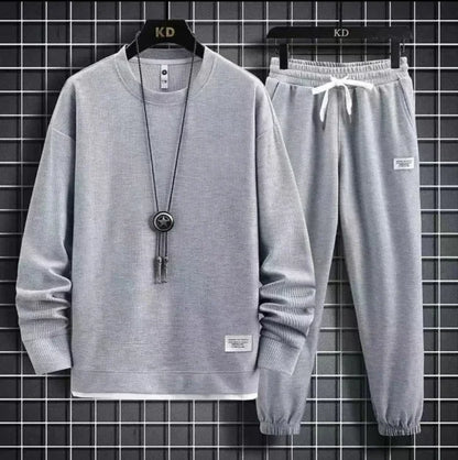 Autumn Winter New Solid Color Casual Hong Kong Style Loose-Fit Long Sleeve Top Sports Suit Round Neck Sweatshirt Men's Set