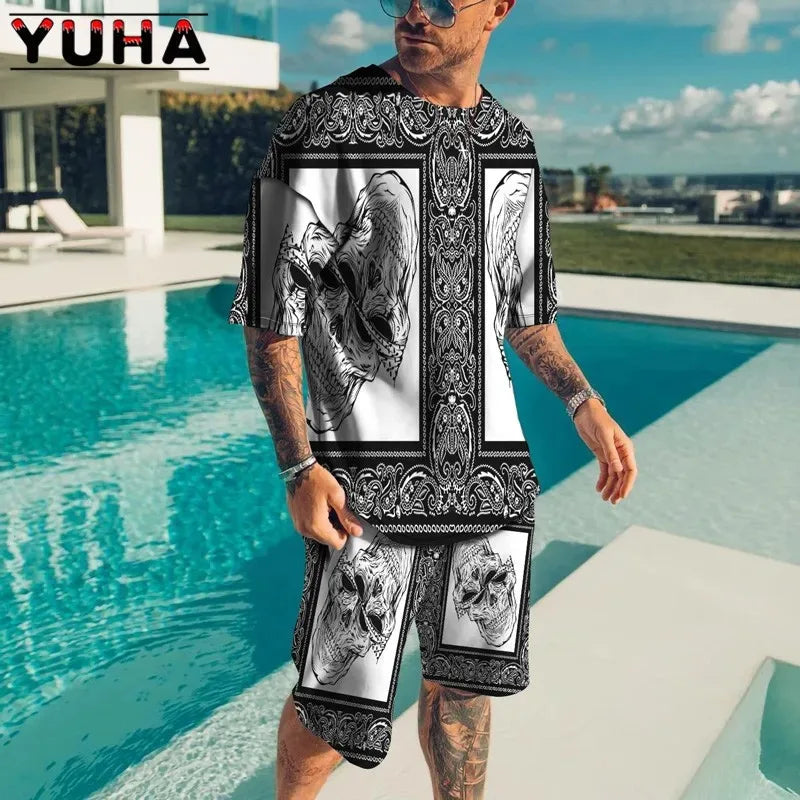 YUHA,Summer Men's Clothing T Shirt Sets 3D Terrible Skeleton Print Casual Shorts Tracksuit Male 2 Piece Suit Newest Short Sleev