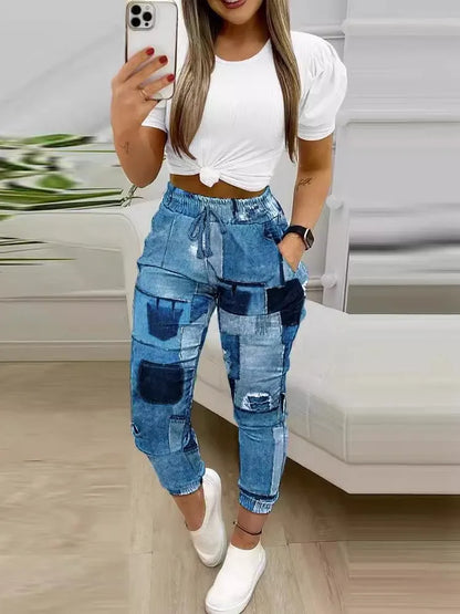 Women's 2 Piece Set Summer O Neck Short Sleeve Top T Shirt Sports Pants Two Piece Set Female Print Casual Suit New