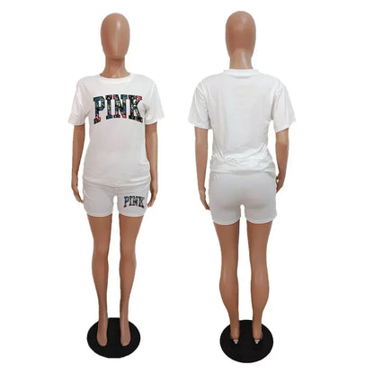 Short Sets Female 2024 Fashion O Neck Shrot Sleeve T Shirt Tee Cartoon Top and Short Pants 2 Piece Set Suit Shorts Sets Womens