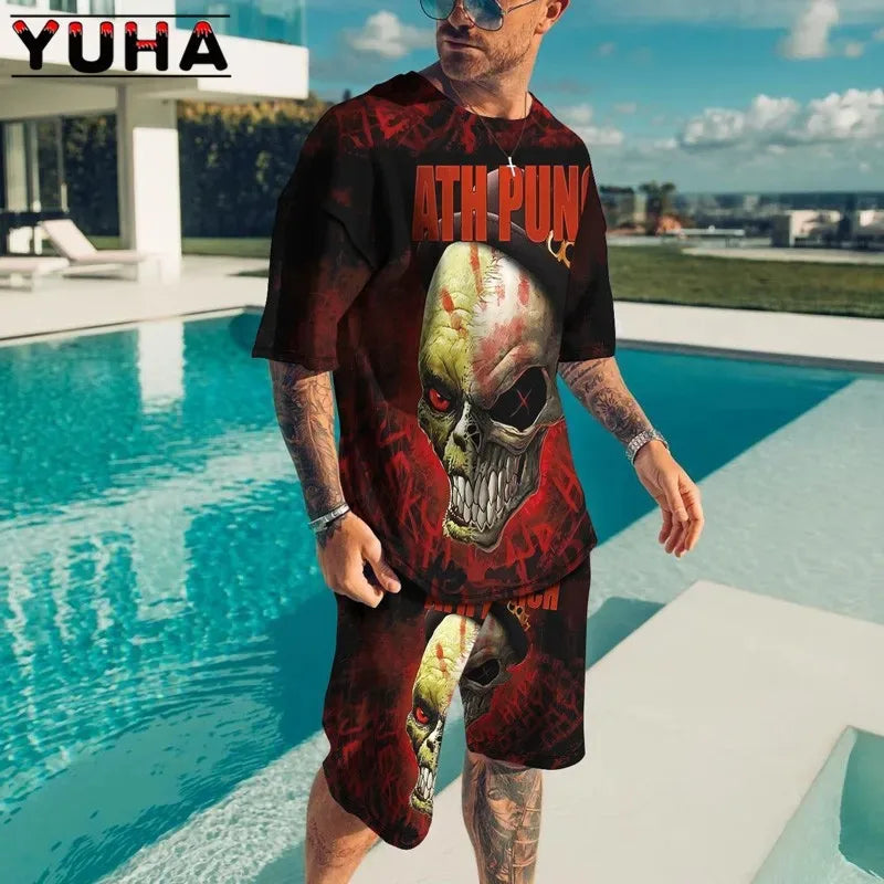YUHA,Summer Men's Clothing T Shirt Sets 3D Terrible Skeleton Print Casual Shorts Tracksuit Male 2 Piece Suit Newest Short Sleev