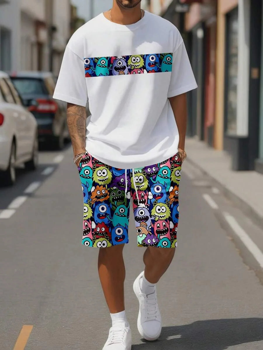 Men's sports suit, casual suit, fashionable letter printed round neck short sleeved T-shirt, men's loose drawstring pocket short