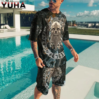 YUHA,Summer Men's Clothing T Shirt Sets 3D Terrible Skeleton Print Casual Shorts Tracksuit Male 2 Piece Suit Newest Short Sleev