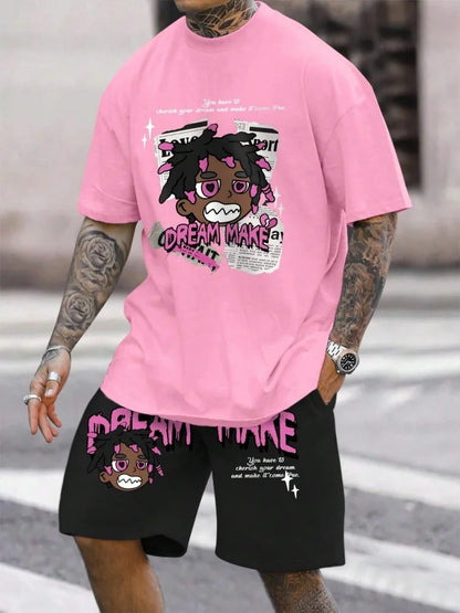 Cartoon Bear 3D Printed Men's Round Neck Short Sleeve 2pcs Suit Urban Street Trend Men's Top Outdoor Men's Drawstring Shorts