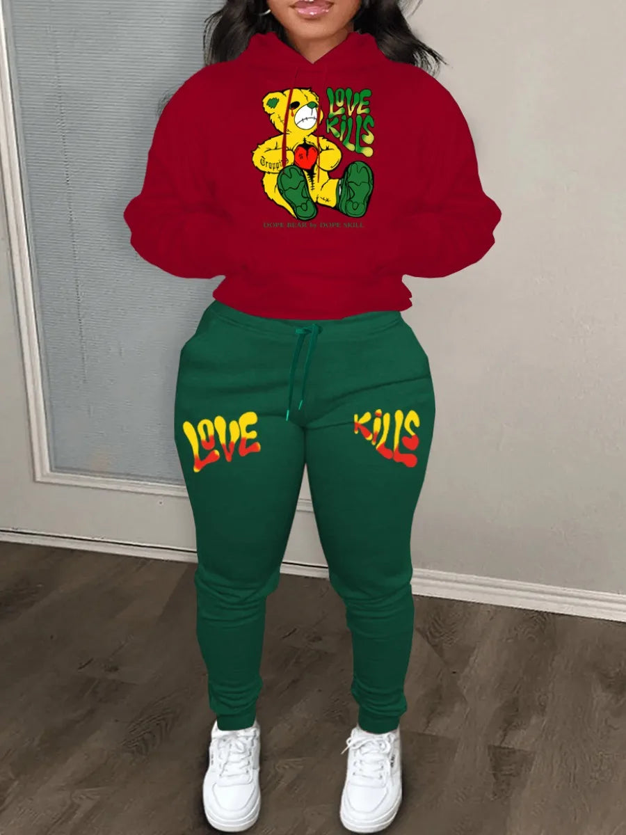 2024 Women's Letter Print 2 Piece Outfits Teddy Bear Letter Print Kangaroo Pocket Tracksuit Set Long Sleeve Sweatshirt and Pants