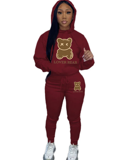 2024 Women's Letter Print 2 Piece Outfits Teddy Bear Letter Print Kangaroo Pocket Tracksuit Set Long Sleeve Sweatshirt and Pants