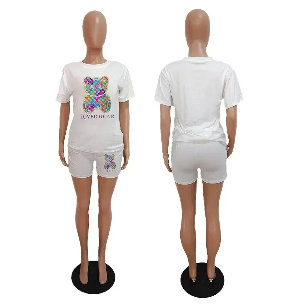 Short Sets Female 2024 Fashion O Neck Shrot Sleeve T Shirt Tee Cartoon Top and Short Pants 2 Piece Set Suit Shorts Sets Womens