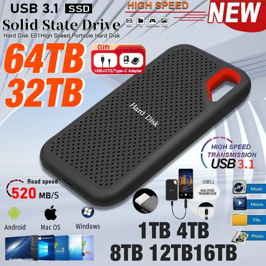 Original Portable SSD 256TB External Hard Drive 1TB 2TB Hard Disk USB 3.1 Type-C High Speed Storage Devices for Laptop/PC/MAC
