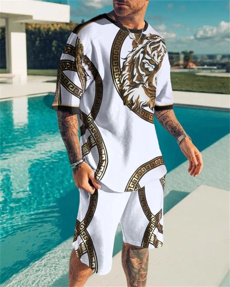 2024 Fashion Men's Sportswear 3D Patchwork Print Tees Shorts 2Pcs Sets Summer Short Sleeve T-Shirt Suit Casual Tracksuit Outfits
