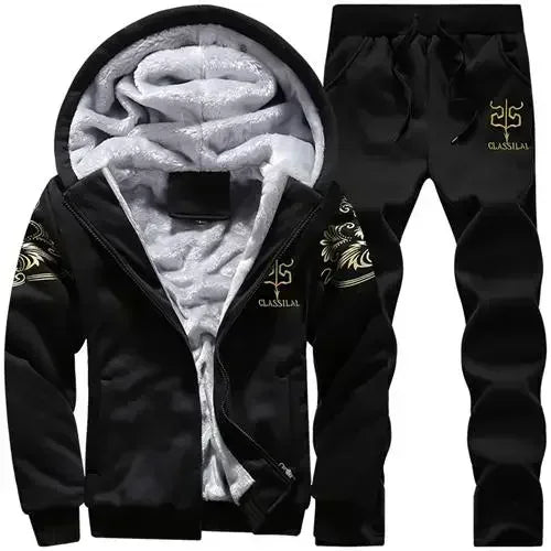 2023 New Winter Thick Men Sports Suit Tracksuit Hooded Sportswear Zipper Cardigan Hooded Woolen Trousers Pants Casual Men Set