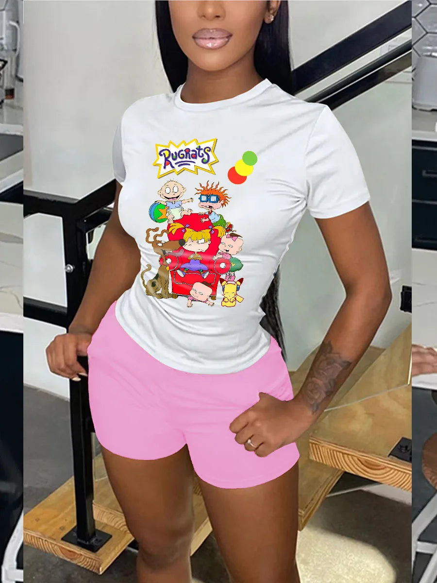 Short Sets Female 2024 Fashion O Neck Shrot Sleeve T Shirt Tee Cartoon Top and Short Pants 2 Piece Set Suit Shorts Sets Womens