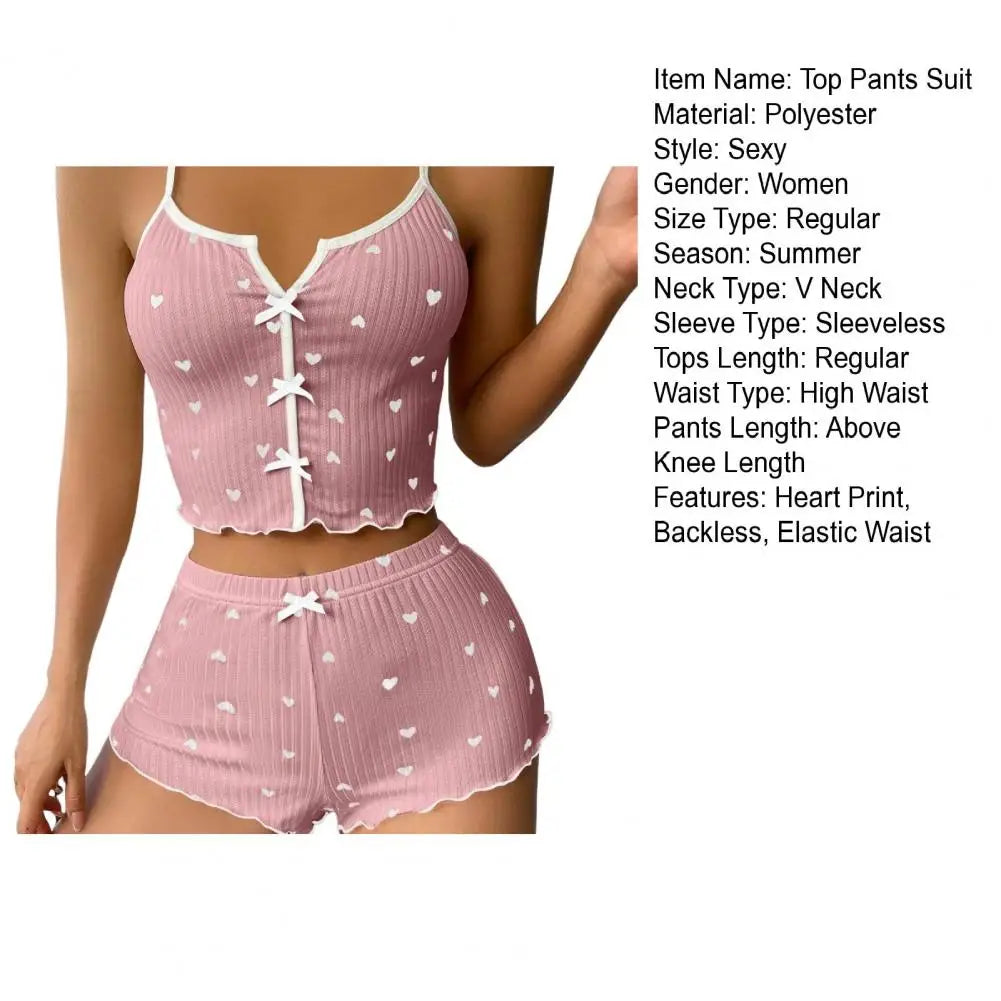 2Pcs/Set Summer Women Top Shorts Suit Backless Heart Print Bow Decor Sleeveless Vest Elastic High Waist Short Pants Lady Outfit