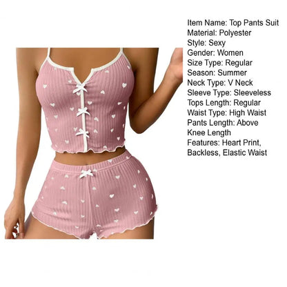 2Pcs/Set Summer Women Top Shorts Suit Backless Heart Print Bow Decor Sleeveless Vest Elastic High Waist Short Pants Lady Outfit