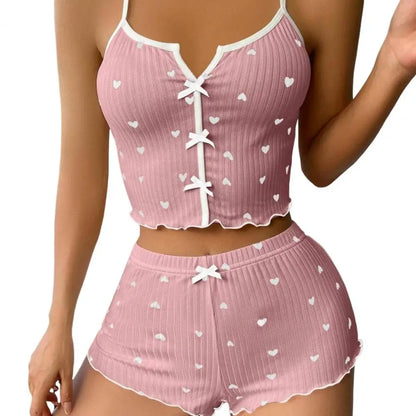 2Pcs/Set Summer Women Top Shorts Suit Backless Heart Print Bow Decor Sleeveless Vest Elastic High Waist Short Pants Lady Outfit