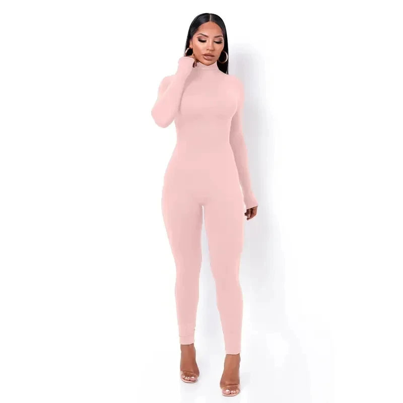 BWQ Casual Women Long Sleeve Turtleneck Long Sleeve Skinny Stretchy Jumpsuit 2024 Autumn Winter One Piece Suit INS Playsuit
