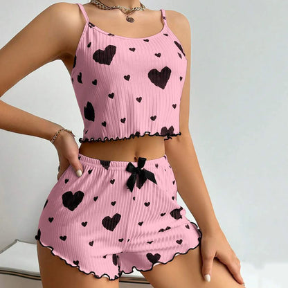 2Pcs/Set Summer Women Top Shorts Suit Backless Heart Print Bow Decor Sleeveless Vest Elastic High Waist Short Pants Lady Outfit