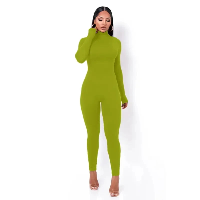 BWQ Casual Women Long Sleeve Turtleneck Long Sleeve Skinny Stretchy Jumpsuit 2024 Autumn Winter One Piece Suit INS Playsuit