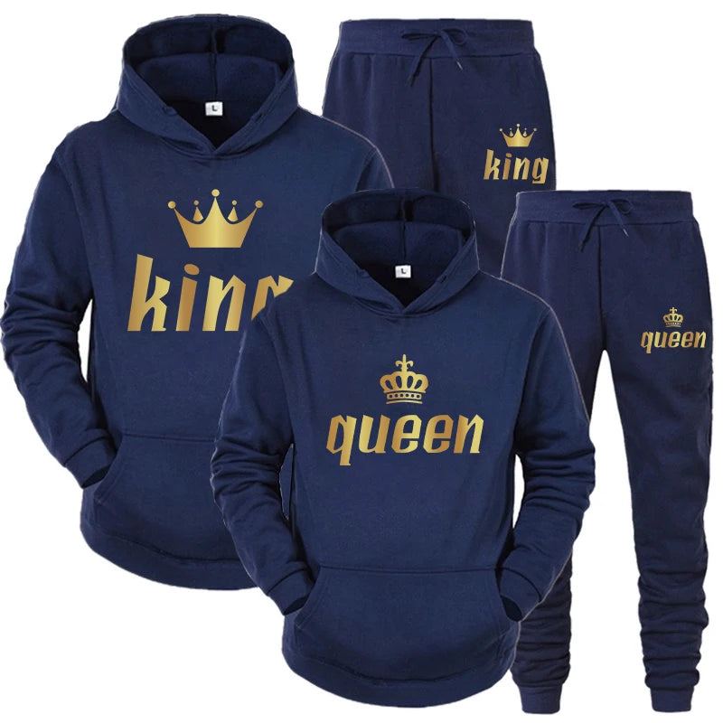 King and Queen Printed Hooded Suits for Couple, Hoodie and Pants, Valentine's Day Present, Fashion Suit, Autumn, Winter, 2 Pcs