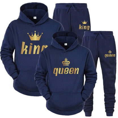 King and Queen Printed Hooded Suits for Couple, Hoodie and Pants, Valentine's Day Present, Fashion Suit, Autumn, Winter, 2 Pcs