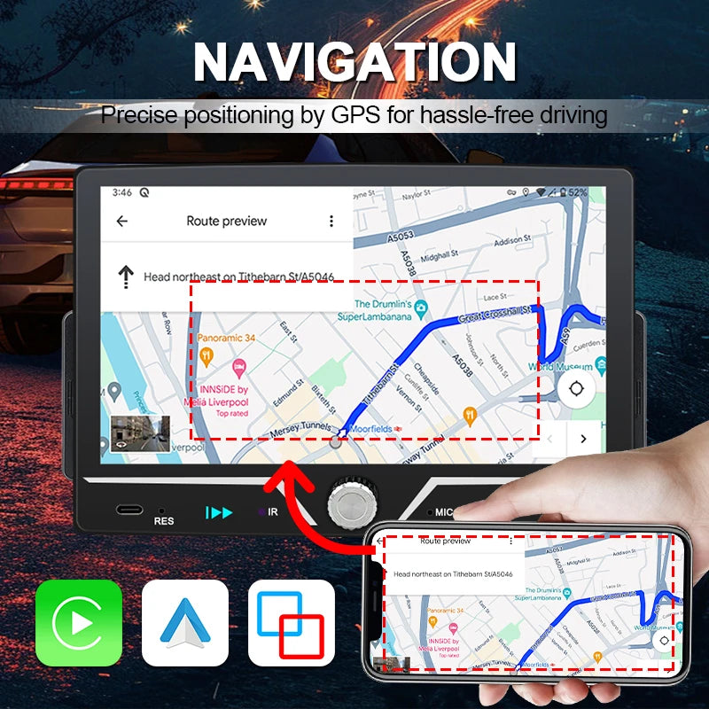 Hippcron 7" 1 Din Car Radio Stereo Wireless Carplay Android Auto HD IPS Touch Screen FM Receiver Support USB Type-C Charge