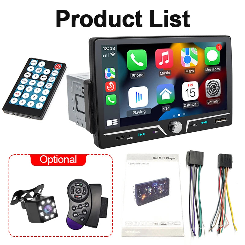 Hippcron 7" 1 Din Car Radio Stereo Wireless Carplay Android Auto HD IPS Touch Screen FM Receiver Support USB Type-C Charge