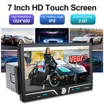 Hippcron 7" 1 Din Car Radio Stereo Wireless Carplay Android Auto HD IPS Touch Screen FM Receiver Support USB Type-C Charge