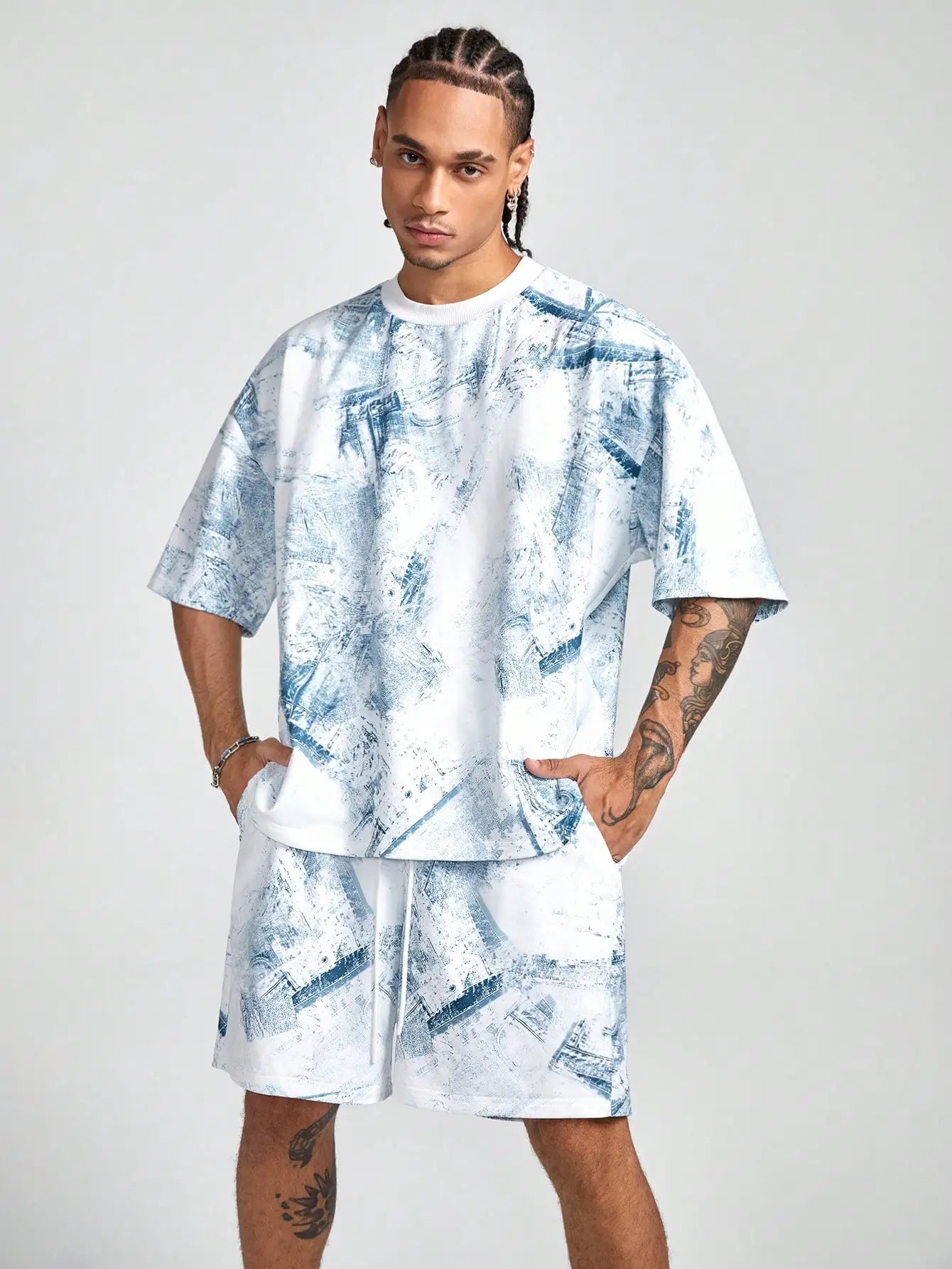 Men's sports suit, casual suit, fashionable letter printed round neck short sleeved T-shirt, men's loose drawstring pocket short