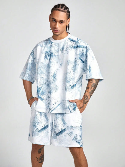 Men's sports suit, casual suit, fashionable letter printed round neck short sleeved T-shirt, men's loose drawstring pocket short