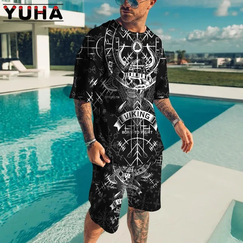 YUHA,Summer Men's Clothing T Shirt Sets 3D Terrible Skeleton Print Casual Shorts Tracksuit Male 2 Piece Suit Newest Short Sleev