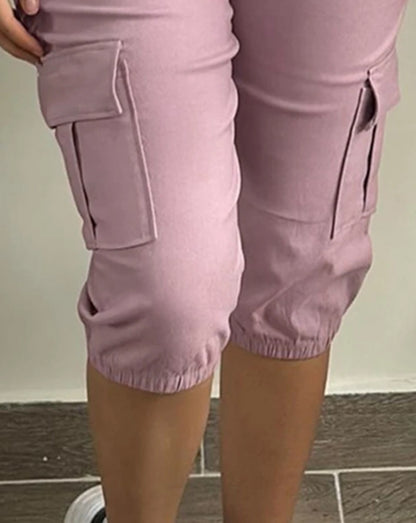 Women's Pants 2024 Summer Fashion Pocket Design Cuffed Drawstring Casual Plain High Waist Skinny Daily Knee-Length Pants