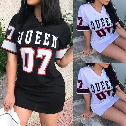 Women Summer Dress New Casual Loose Deep V-neck Side Slit Letter Print Woman Dresses Vestidos JQMY9491