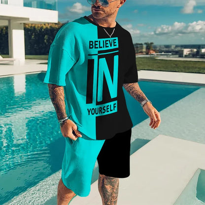 New Summer Men's Tracksuit Believe in Yourself T-shirt Shorts Set Sport Outfit Jogging Suit Oversized Clothes Outdoor Streetwear