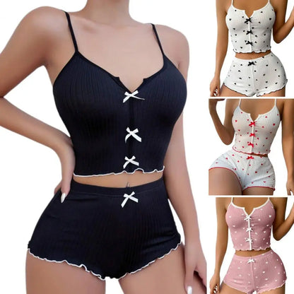 2Pcs/Set Summer Women Top Shorts Suit Backless Heart Print Bow Decor Sleeveless Vest Elastic High Waist Short Pants Lady Outfit