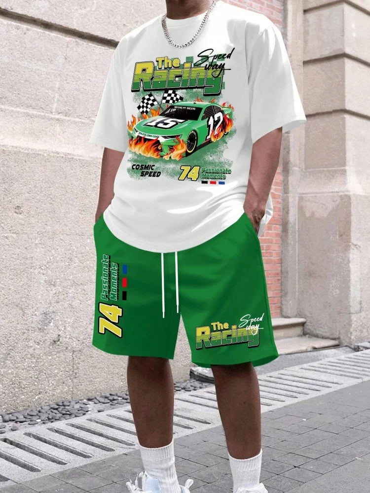 Cartoon Bear 3D Printed Men's Round Neck Short Sleeve 2pcs Suit Urban Street Trend Men's Top Outdoor Men's Drawstring Shorts