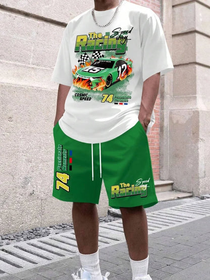 Cartoon Bear 3D Printed Men's Round Neck Short Sleeve 2pcs Suit Urban Street Trend Men's Top Outdoor Men's Drawstring Shorts