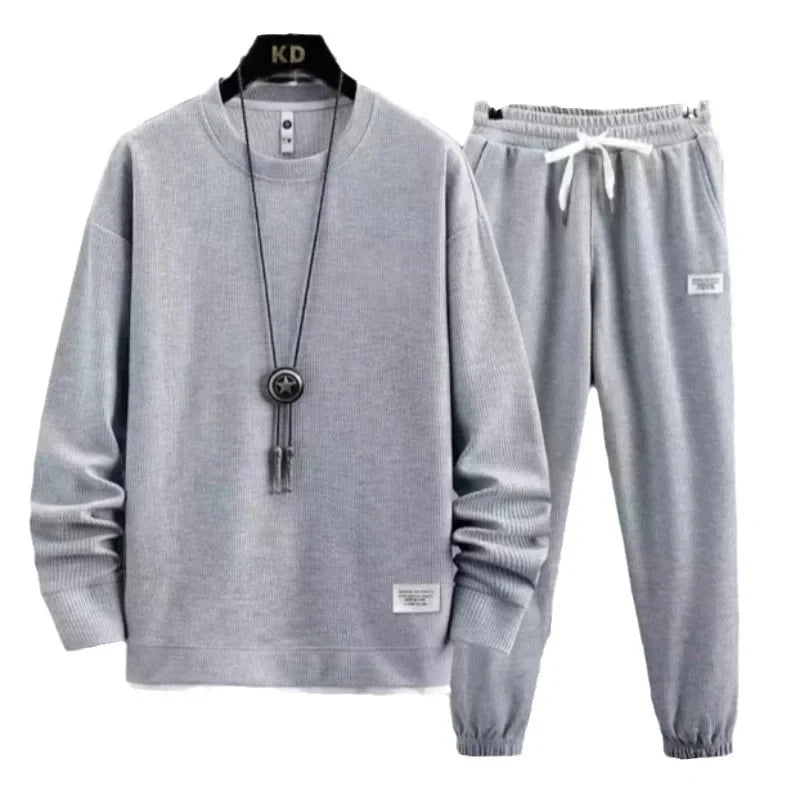 Autumn Winter New Solid Color Casual Hong Kong Style Loose-Fit Long Sleeve Top Sports Suit Round Neck Sweatshirt Men's Set