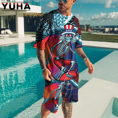 YUHA,Summer Men's Clothing T Shirt Sets 3D Terrible Skeleton Print Casual Shorts Tracksuit Male 2 Piece Suit Newest Short Sleev