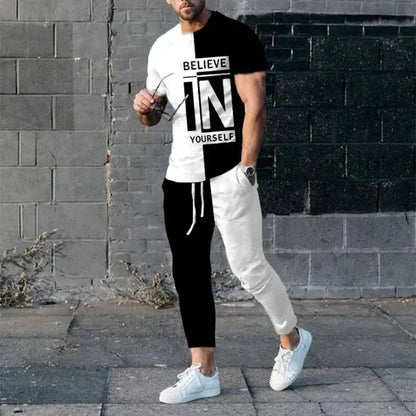 Summer Men's Trousers Tracksuit 3D Printed Red Believe Short Sleeve T Shirt Casual Oversized Clothing Sportwear 2 Piece Suit
